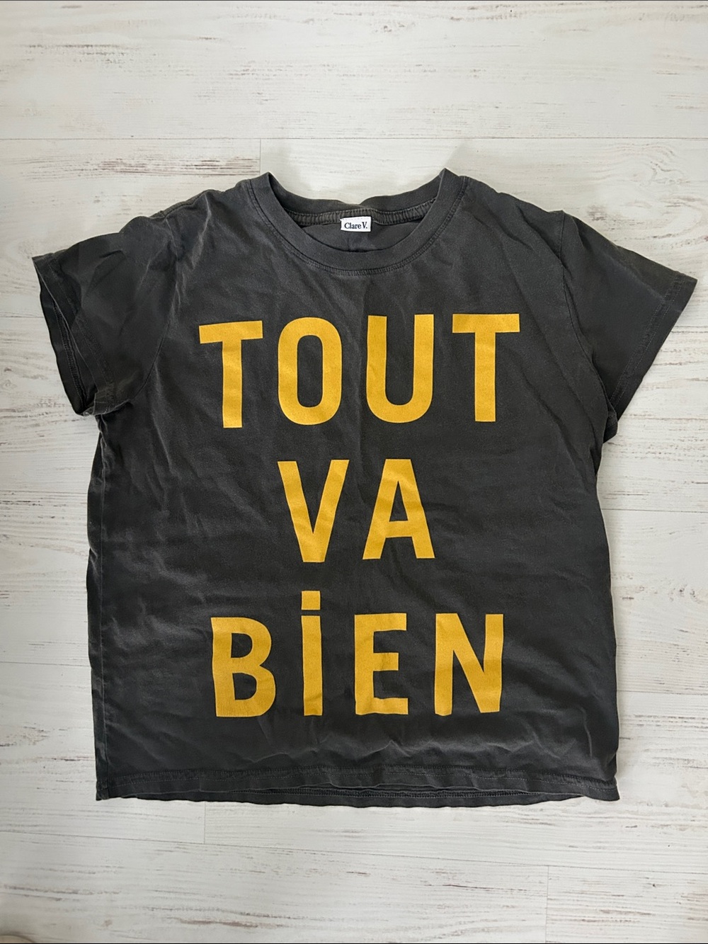 Clare V Charcoal Tee with Yellow 'TOUT VA BIEN' Print small